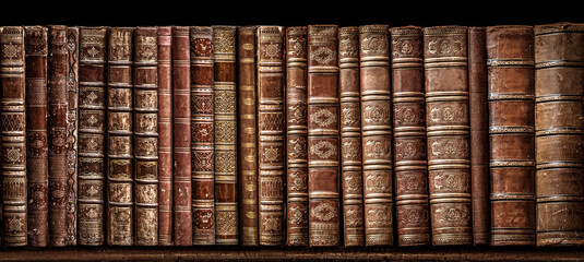 Old books on wooden shelf. Tiled Bookshelf background.  Antique books 17, 18, 19th century standing...