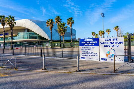 Nice, FRANCE - March 22 2021: A Bid Sport Stadium used as a vaccination Covid - 19 Center