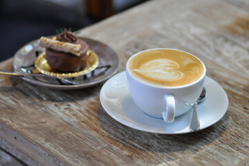 coffee or hot coffee, latte coffee and chocolate cake