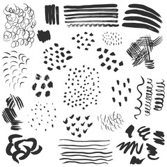 Collection black dots and lines different shapes. Isolated on white background. Hand drawn Vector illustration. Blots, paintbrush, splash, splats, spots, stroke, ink. Set, clip For creating textures.