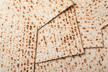 Traditional matzos as background, top view. Pesach celebration