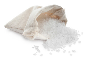 Natural salt and bag on white background