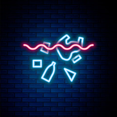 Glowing neon line The problem of pollution of the ocean icon isolated on brick wall background. The garbage, plastic, bags on the sea. Colorful outline concept. Vector