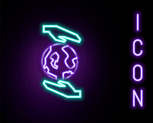 Glowing neon line Human hands holding Earth globe icon isolated on black background. Save earth concept. Colorful outline concept. Vector