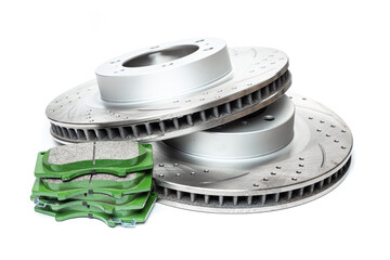 Perforated brake discs, ceramic pads - everything for better braking. on a white background