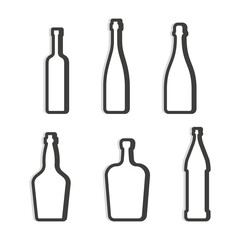 Vodka red wine champagne whiskey liquor beer bottle. Simple linear shape. Isolated object. Symbol in thin lines. Dark outline. Flat illustration on white background