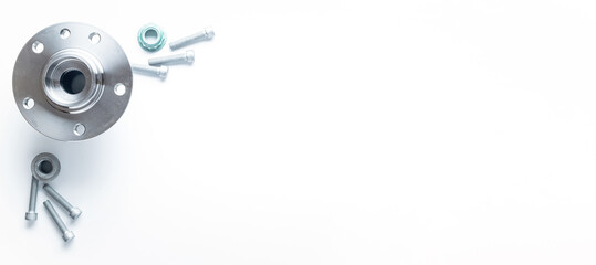 Car engine. Set of new metal car part. Auto motor mechanic spare or automotive piece isolated on white banner background. Automobile engine service with space for text.