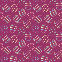 Seamless Easter pattern. Texture with colored eggs on purple. Spring childrens background in pastel colors. Festive wrapping paper.