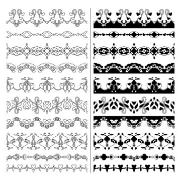 Decorative seamless borders. Hearts, spirals and interlaced. Black and transparent. Vector.