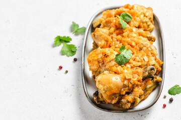 spicy moroccan chicken stew on a dish. Space for text, top view.