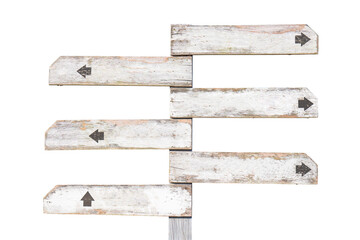 Old wooden signpost in multiple direction