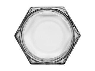 Empty glass jar of a six-sided form ridge with sides the top view on a white background