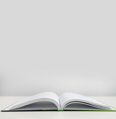 open book on a white background. The book lies on a plain background with space for writing. Composition of a reading person.