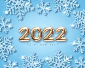 2022 New Year card template with golden decorative snowflake and glittering 3d numbers on red background