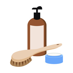 natural bristle dry massage brush with cream dispenser and cream jar on a white background.