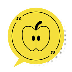 Black Apple icon isolated on white background. Fruit with leaf symbol. Yellow speech bubble symbol. Vector