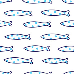 Fototapeta premium Cute fish. Sardines and polka dots. Kids background. Seamless pattern. Can be used in textile industry, paper, background, scrapbooking..