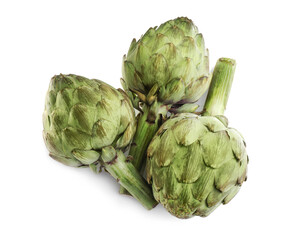 Fototapeta premium Whole fresh raw artichokes on white background, top view