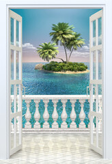 Balcony with concrete balustrade View of an island in the ocean 3d rendering