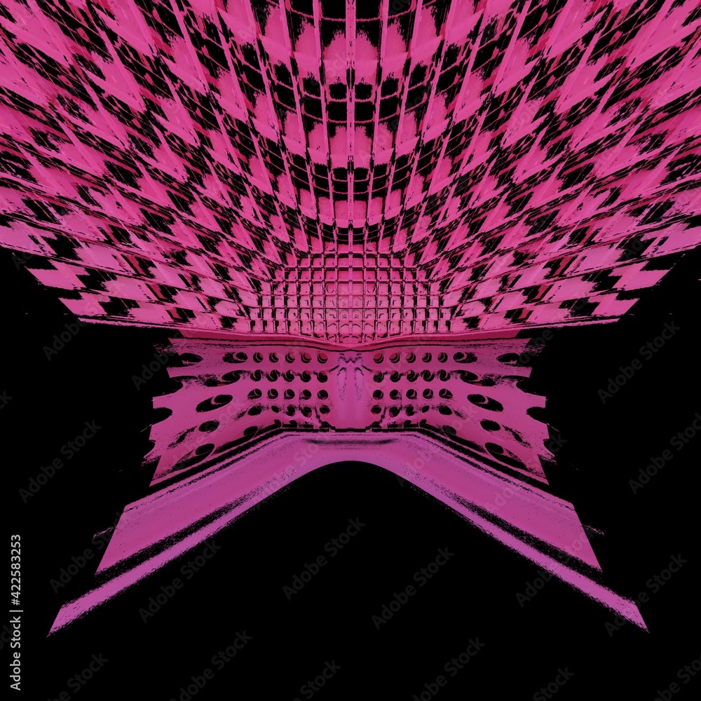 Poster 3d exploding surface view of a bright pink plastic chair with many holes and patterns