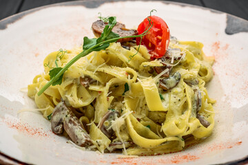 Italian pasta with seafood in a restaurant