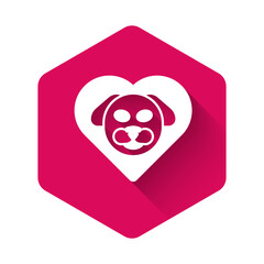 White Heart with dog icon isolated with long shadow background. Pet paw in heart. Love to the animals. Pink hexagon button. Vector