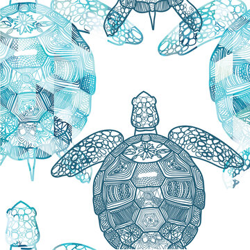 Seamless pattern with sea turtles. Marine life. Doodling, mandala pattern. Drawing by hand. Stylish background.