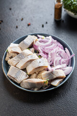 herring fish salty seafood appetizer portion on the table healthy meal top view copy space for text food background rustic image