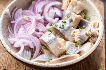 herring fish salty seafood appetizer portion on the table healthy meal top view copy space for text food background rustic image