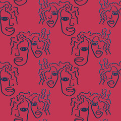 Seamless pattern, contour line, fantasy faces of a man and a woman, African style, curls, solid color background.