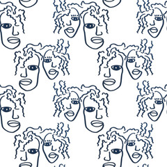 Seamless pattern, contour line, fantasy faces of a man and a woman, African style, curls, solid color background.
