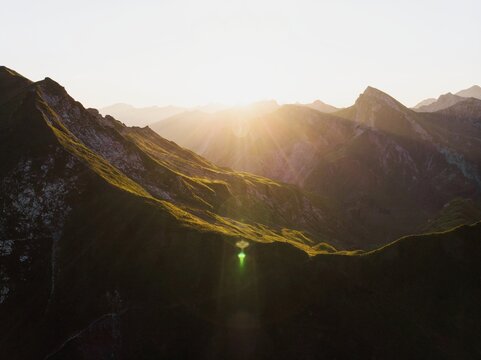 Aerial sunrise panorama of Allgaeu Allgau alps alpine nature mountain landscape near Schrecksee Bavaria Germany Austria