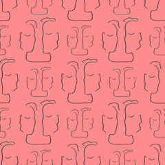 Seamless pattern, contour line, fantasy faces of a man and a woman, profiles, solid background.