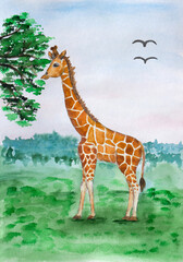 Girafffe on the grass near the tree. Art illustration watercolor painting