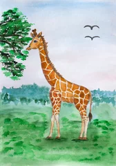 Selbstklebende Fototapeten Girafffe on the grass near the tree. Art illustration watercolor painting © Anastasiia Malinich