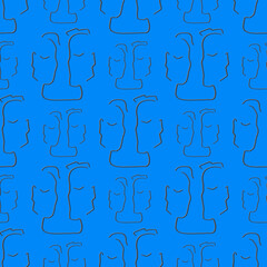 Seamless pattern, contour line, fantasy faces of a man and a woman, profiles, solid background.