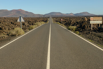 Road to Timanfaya national park at Lanzarote on Canary islands, Spain