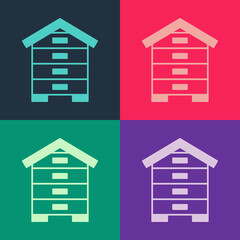 Pop art Hive for bees icon isolated on color background. Beehive symbol. Apiary and beekeeping. Sweet natural food. Vector