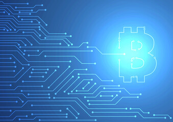 Vector : Bitcoin logo with electronic circuit on blue background