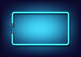 Blue fluorescent. Retro neon rectangle for wall frame with electric wire. Object on transparent background vector. Neon line in graphic style.
