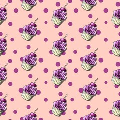 Seamless pattern, cherry cupcakes on pink background