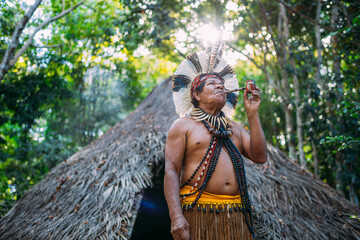 Shaman of the Pataxó tribe, wearing feather headdress and smoking a pipe. Brazilian Indian looking...