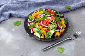 Plate of rainbow salad with different vegetables and herbs on black plate on grey stone background