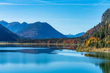 Sylvenstein reservoir lake in autumn, Bad Toelz, Bavaria, Germany, Europe