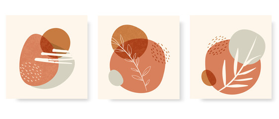 Collection square abstract design with doodles and different shapes and leaves. Contemporary art in the boho style. Vector illustration. For print and social media.