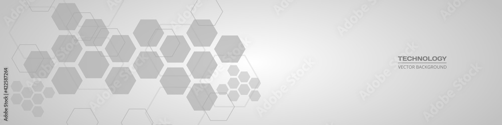 Aufkleber Abstract hexagonal medical soft grey horizontal banner. Technology abstract wide background with hexagonal elements. Innovation medicine, science, healthcare technology or science design.