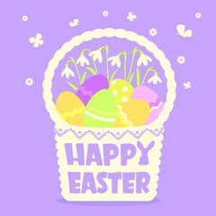 Happy easter card with basket silhouette and color eggs and flowers frame decoration. Vector tender color style greeting card background for design
