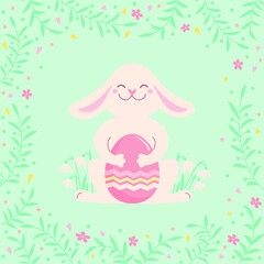 Easter rabbit and color easter egg. Cute bunny hold easter egg. Vector tender color illustration for greeting card background with floral frame