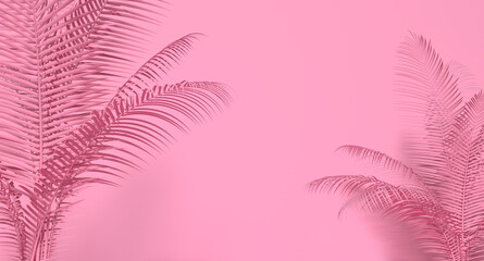 Abstract background  pink stage wall with palm leaves.