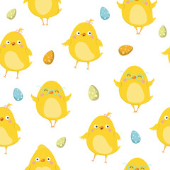 Easter seamless pattern. Chicken character. Vector illustration